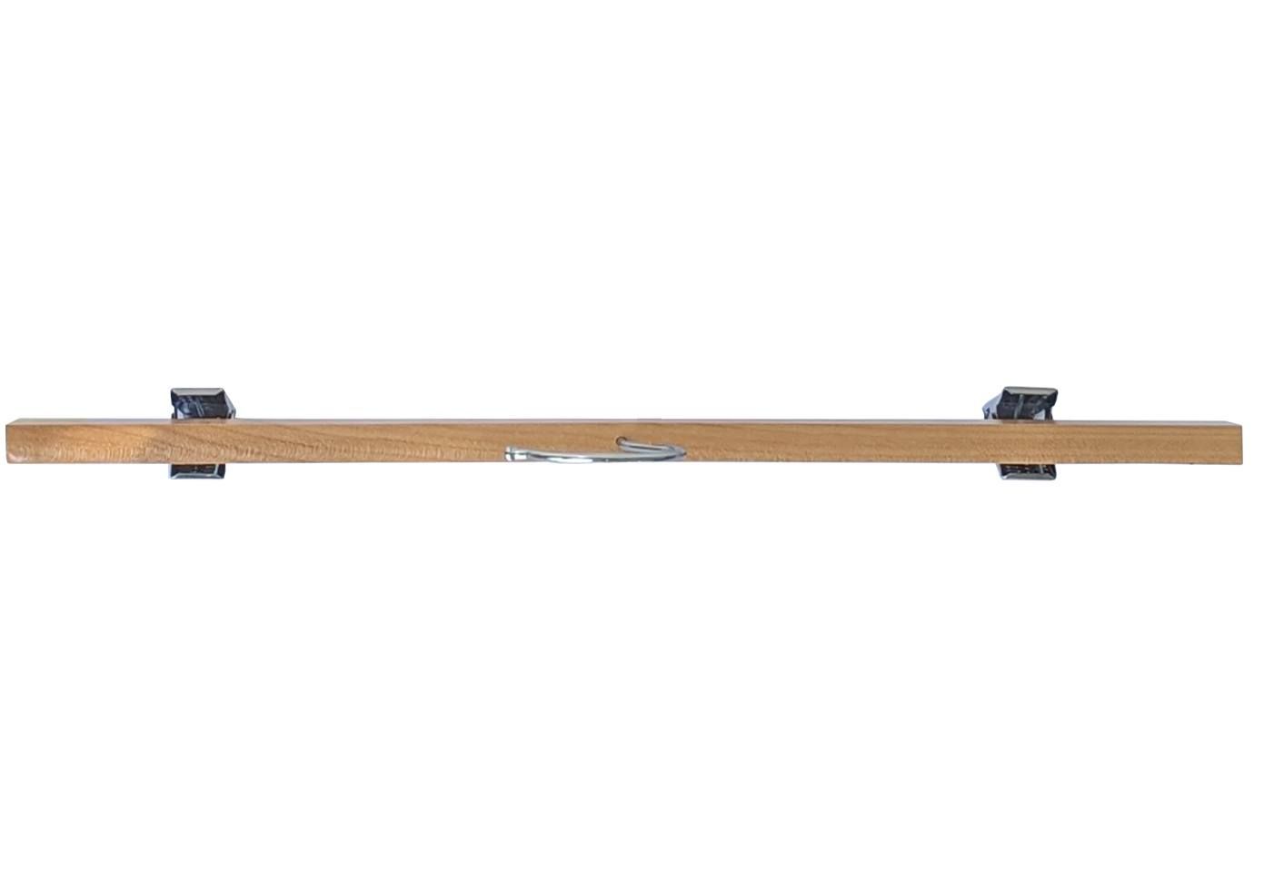 Rechte kledinghanger 36 mm hout blank gelakt 12 mm dik met klemmen bovenaanzicht