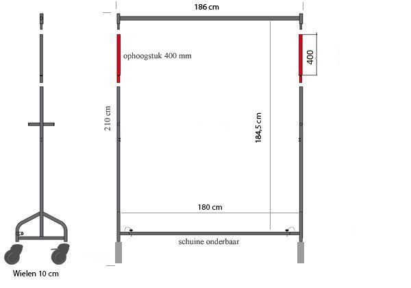 Transportrek B180 x H210 cm extra hoog geremd afmetingen