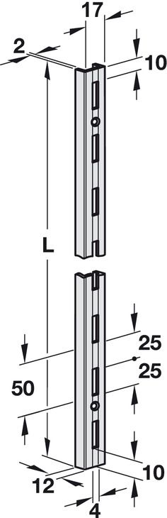 Wandrek rail zwart enkele perforatie per paar 150cm lang afmetingen
