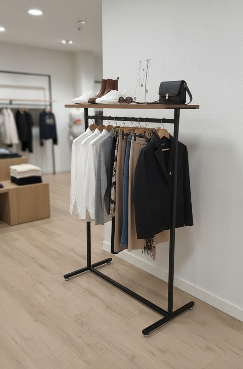 Kledingrek design verstelbaar zwart met eiken legbord